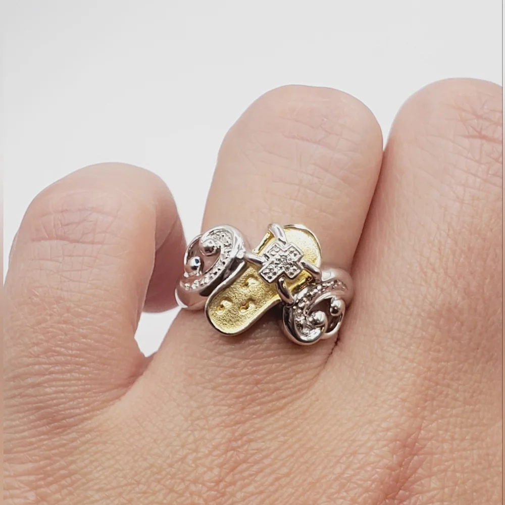 Genuine Diamond Yellow Gold 925 Sterling Silver Sandle Flip Flop Footprint Ring